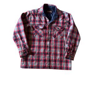 Vintage Grizzly Quilted Lined Large Blue Red Gray Madras Plaid Flannel Shacket